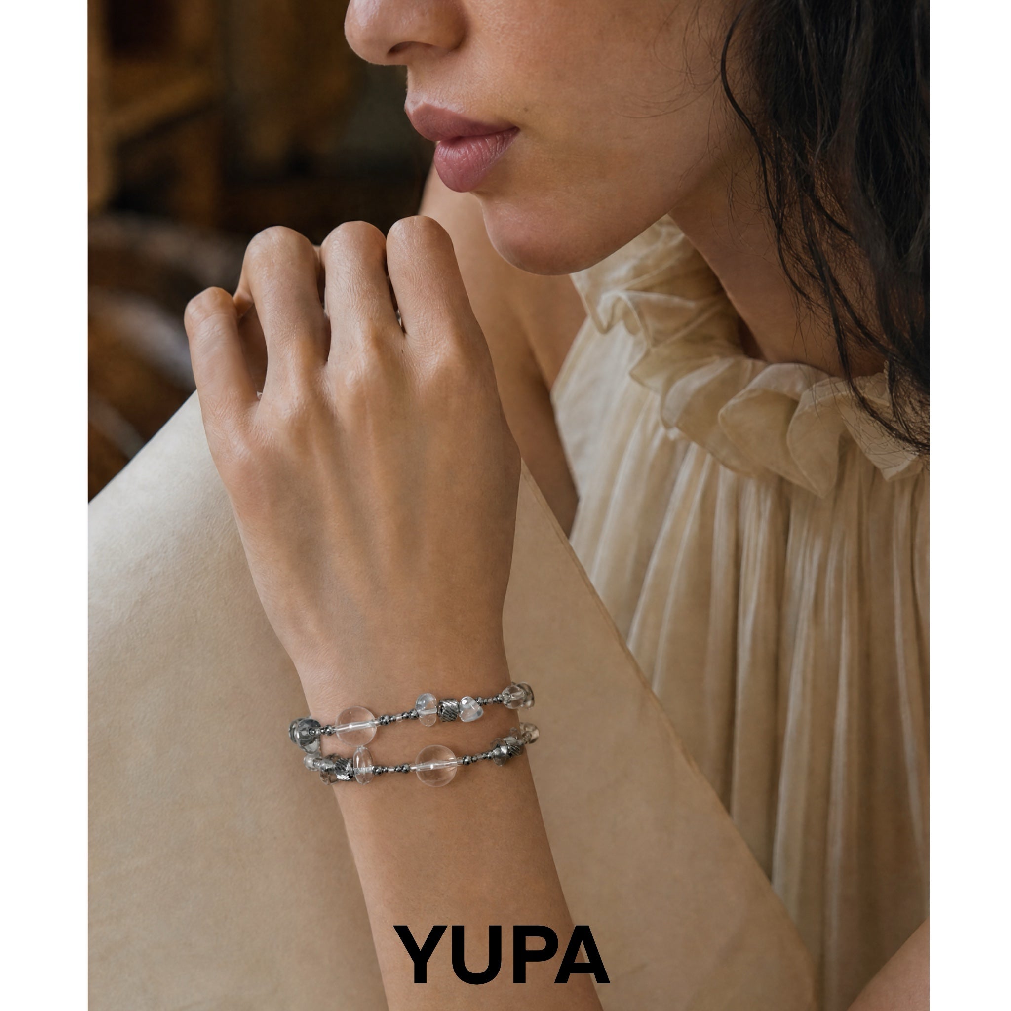 YUPA Natural White Crystal Double Layer Convertible Bracelet & Choker