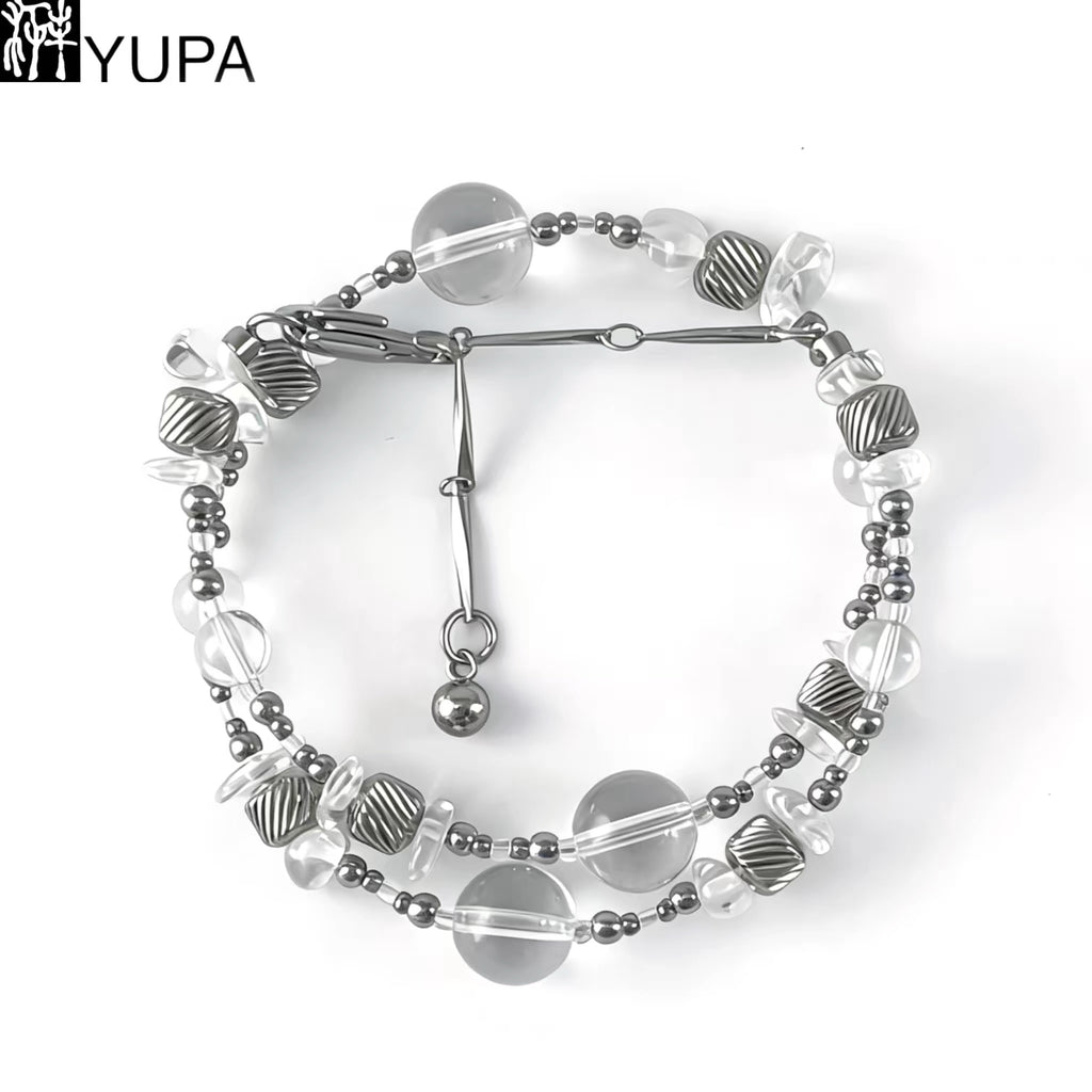 YUPA Natural White Crystal Double Layer Convertible Bracelet & Choker